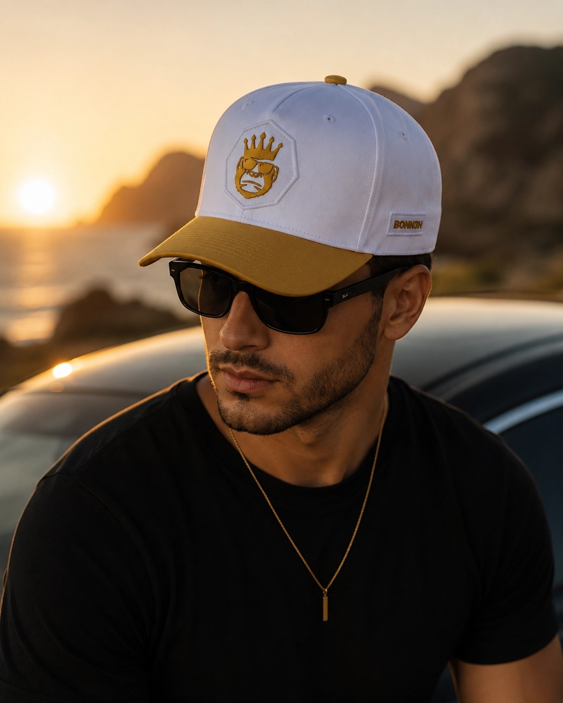 Homem de camiseta preta e corrente dourada usando o boné BONN3H SERIES OURO ao pôr do sol, encostado em carro preto