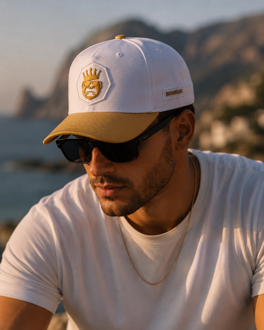 Homem de camiseta branca, óculos escuros e corrente dourada usando o boné BONN3H SERIES OURO na costa, luz dourada