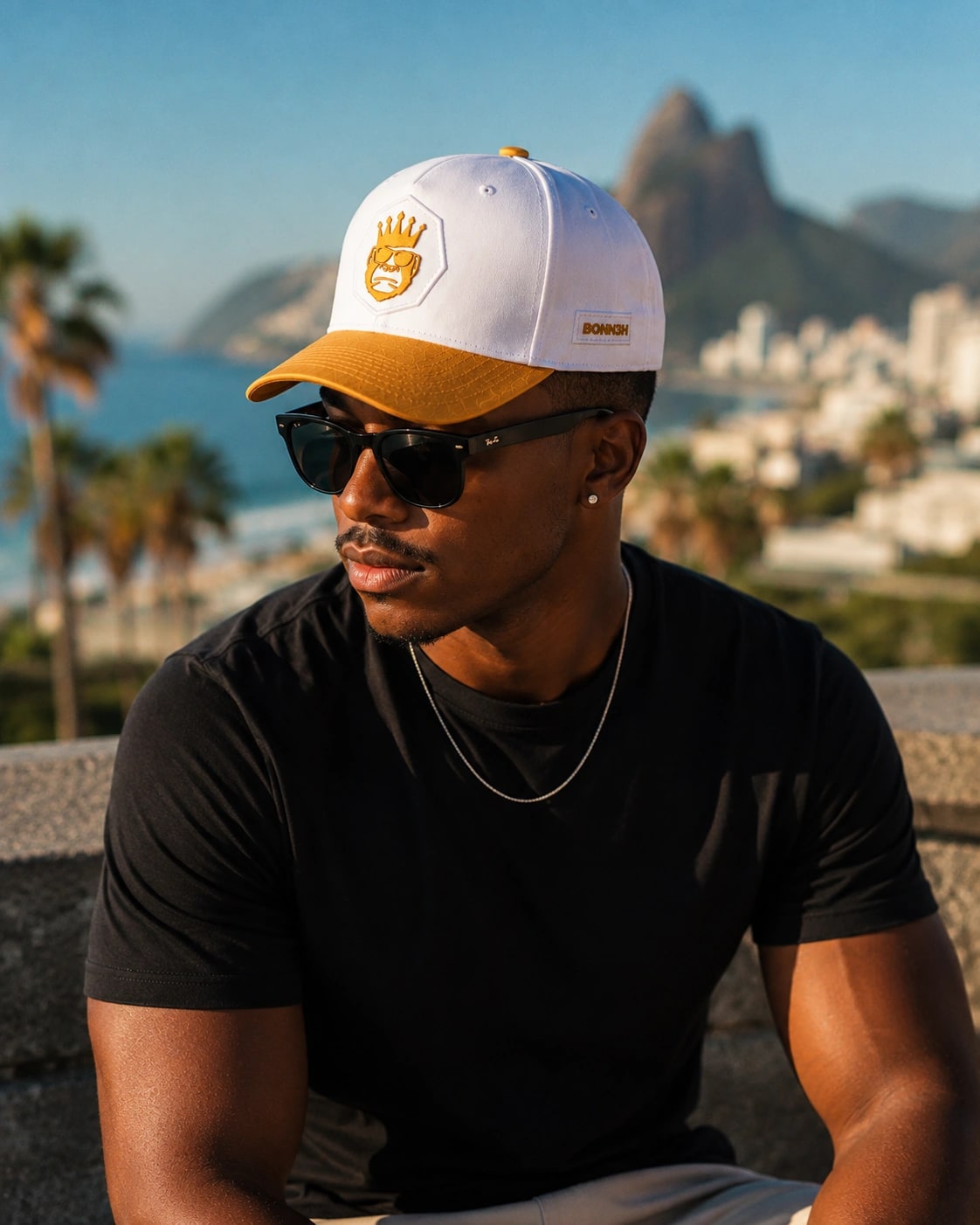 Homem de camiseta preta usando o boné BONN3H SERIES OURO com o Rio de Janeiro e o mar ao fundo